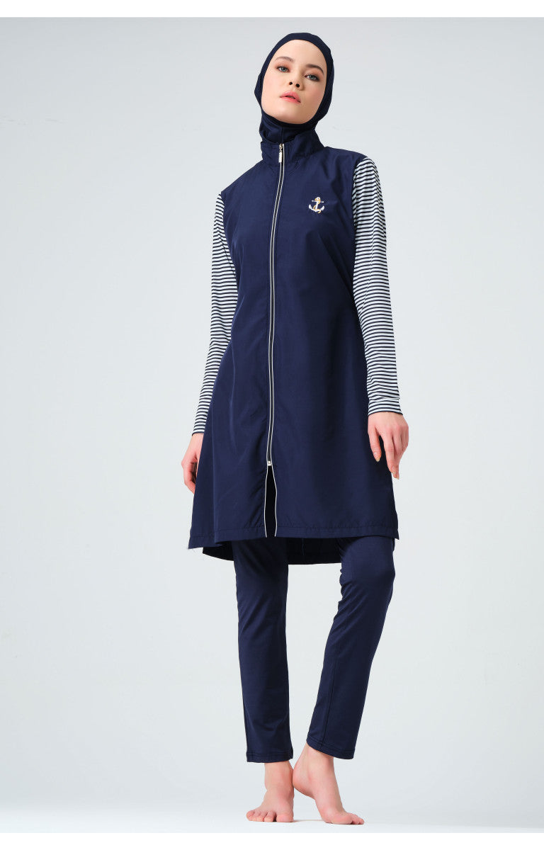 Navy Blue Striped-Sleeve Modest Swimsui 💥💥جديد💥💥