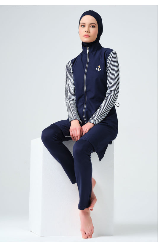 Navy Blue Striped-Sleeve Modest Swimsui 💥💥جديد💥💥